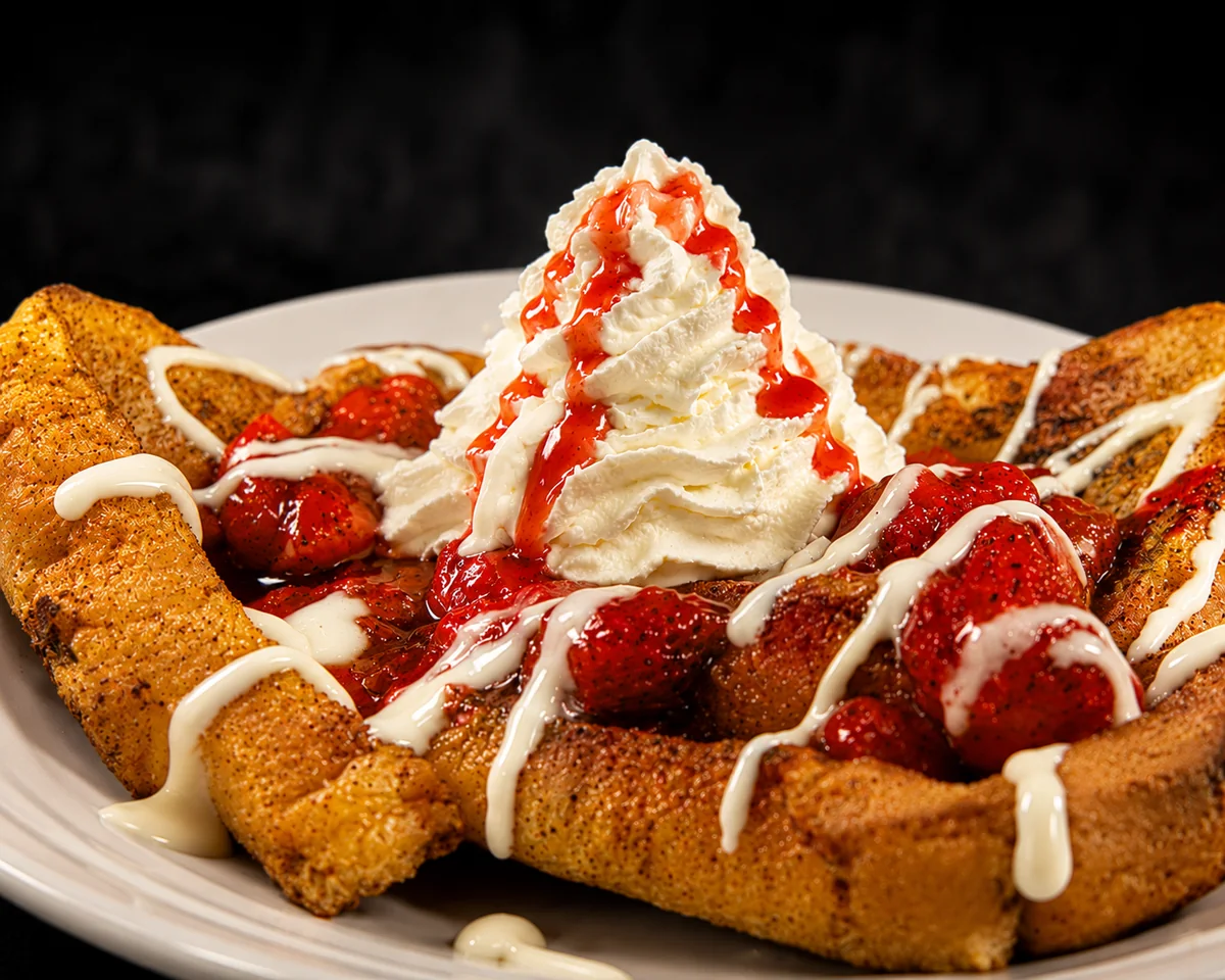 Strawberries and cream French toast with whipped cream